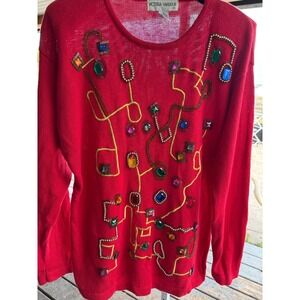 Vintage 90s Victoria Harbour Red Embellished Sweater Top Beaded Jewel Knit Large